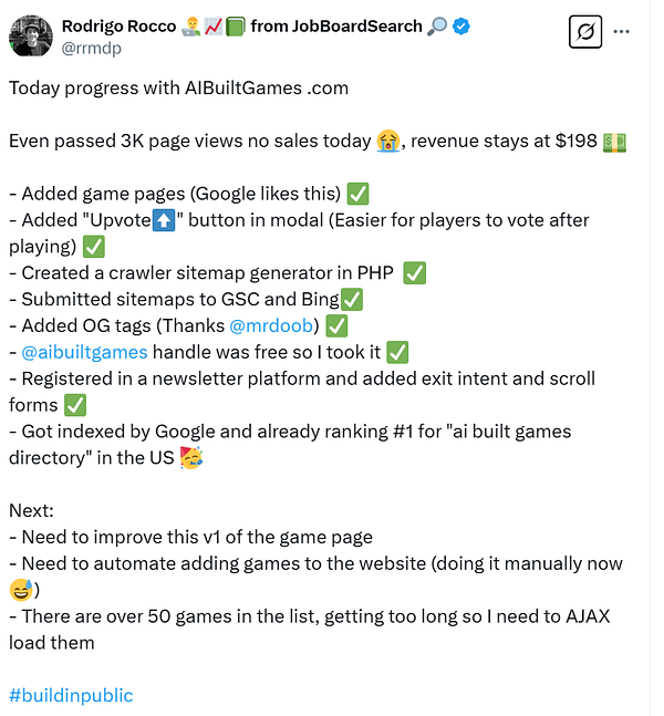 A Twitter post detailing progress on the AIBuiltGames.com project.