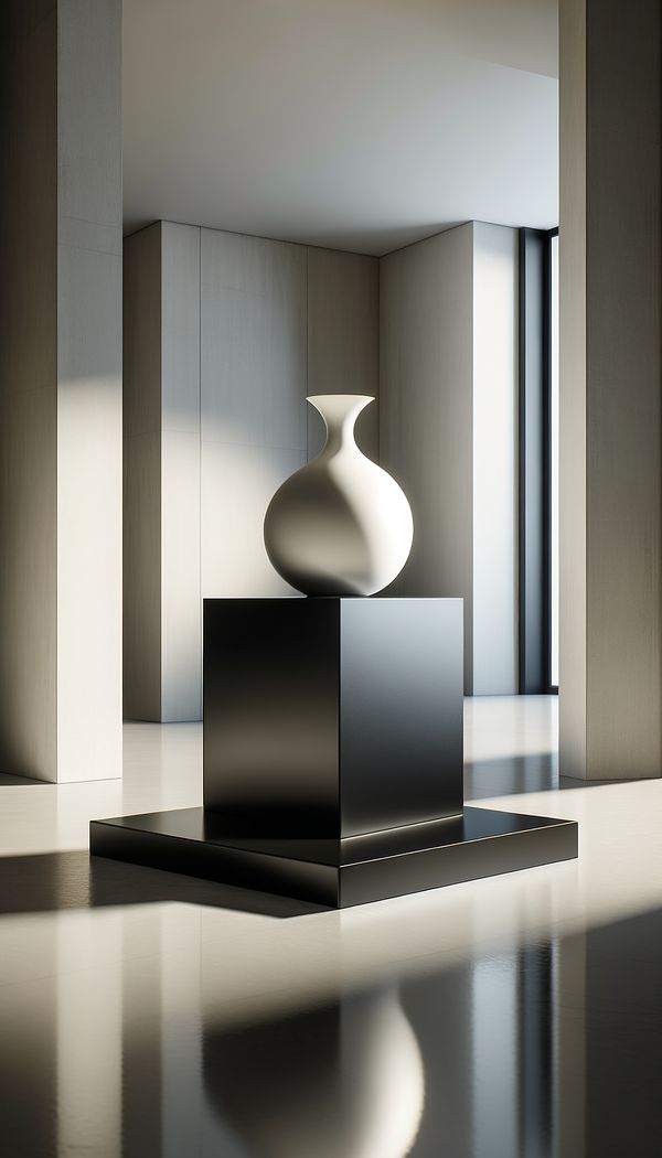 A sleek, contemporary pedestal made of polished black stone, showcasing a bright white sculptural vase in a minimalist, well-lit interior setting.