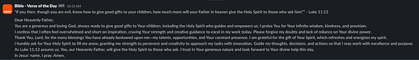 A prayer reflection based on a Bible verse is displayed in a messaging app interface.