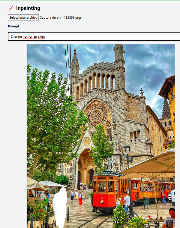 A vibrant street scene featuring a historic building, a red tram, and people enjoying the area.