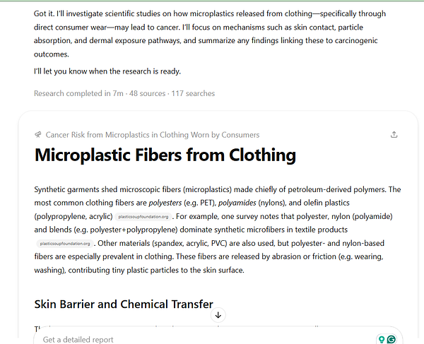 The image displays a research interface focused on the cancer risk associated with microplastics in clothing.
