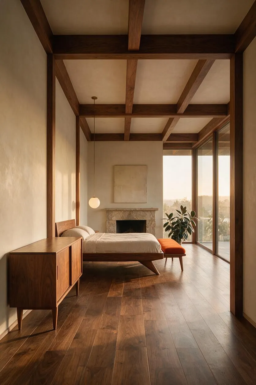 A serene guest bedroom with a low walnut bed, a matching wood dresser, and an orange bench beside large floor-to-ceiling windows. Exposed ceiling beams, a small stone fireplace, and a single globe pendant create a warm mid-century modern atmosphere with natural light and expansive views.