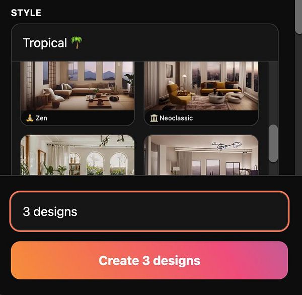 The image displays a user interface for selecting interior design styles and creating multiple designs.