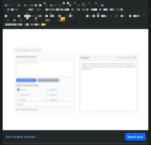 The image displays a blurred interface for generating comments on a social media platform.