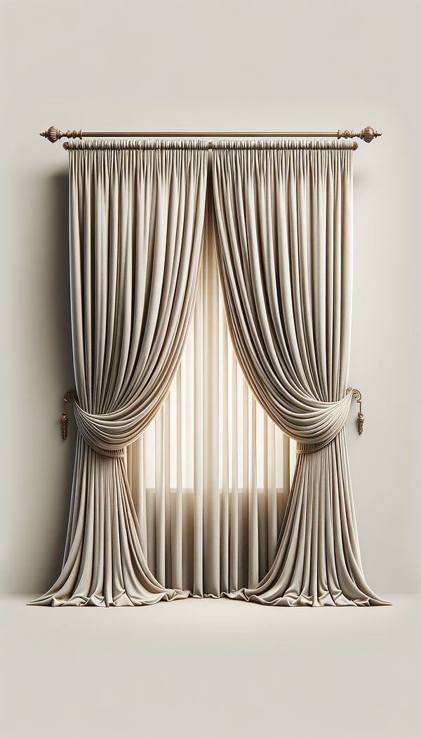 a set of elegant pinch pleat curtains hanging from a decorative curtain rod, with the folds neatly arranged at the top and fabric draping gracefully to the floor