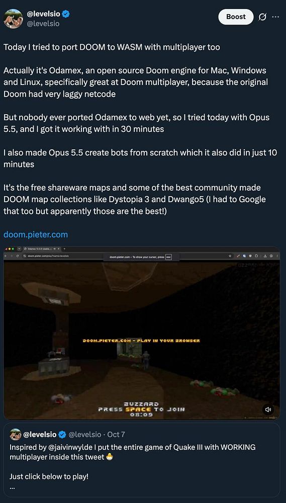 A Twitter post by @levelsio describing porting the DOOM game to WebAssembly with multiplayer and showing an in-browser gameplay screenshot.
