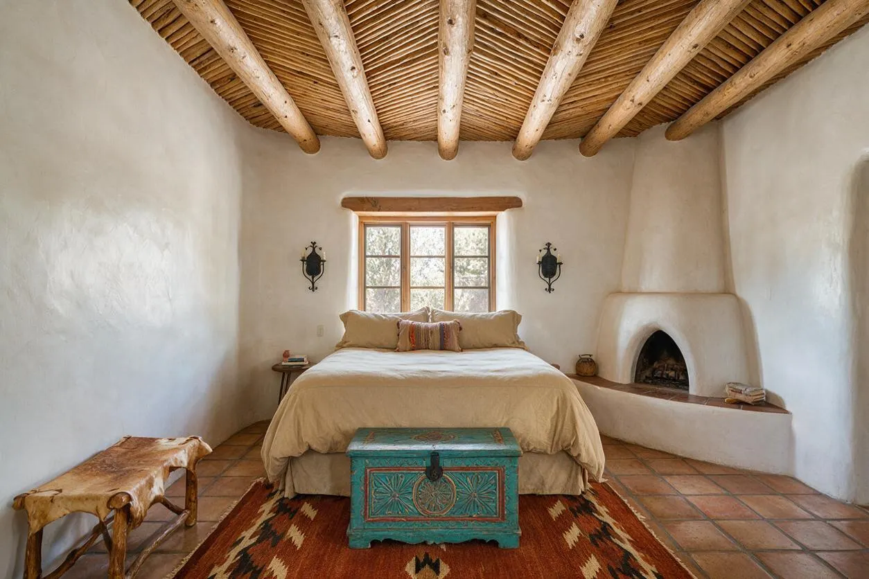 A Southwestern-style guest bedroom with white adobe walls, a woven wood ceiling with exposed beams, and a centered bed dressed in soft beige bedding. Terracotta tile floors, a turquoise painted chest at the foot of the bed, a cowhide bench, and a small kiva-style fireplace create a warm rustic atmosphere.