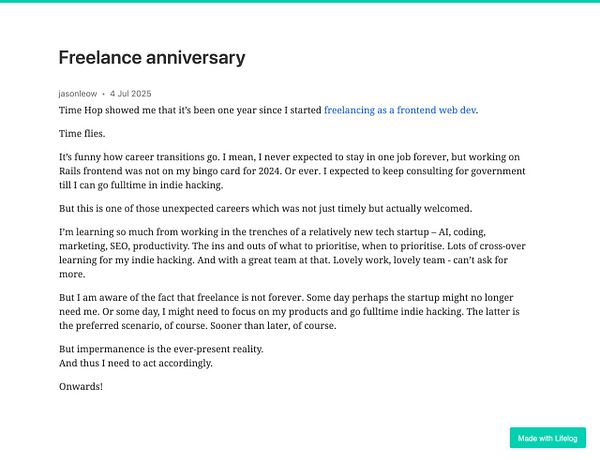 A personal reflection on a freelance anniversary, discussing career transitions and experiences in a tech startup.