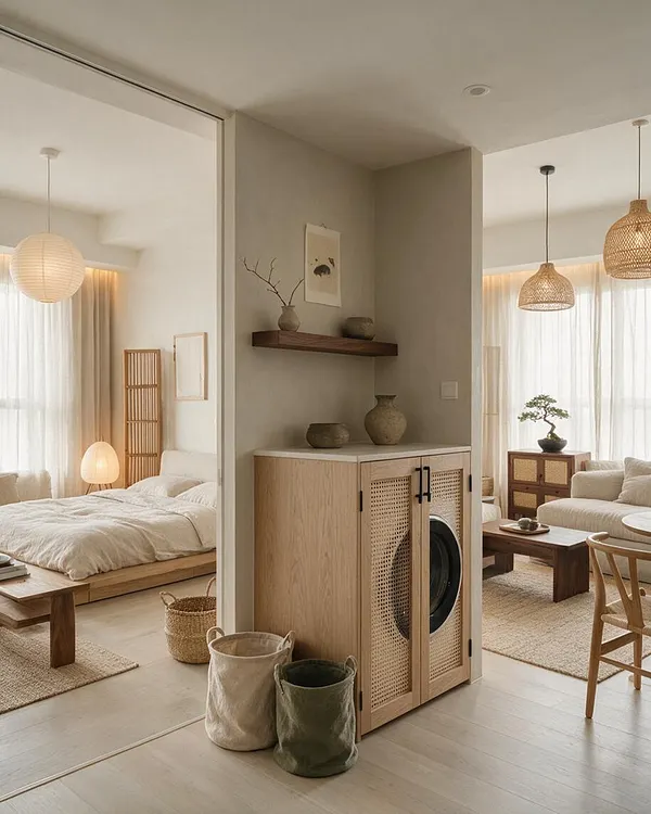 A calm Japandi-style laundry room integrated into a soft neutral interior, featuring a light wood cabinet with cane doors concealing a front-loading washer. A dark wood floating shelf above holds simple ceramic decor, while woven baskets and fabric laundry hampers sit on the pale floor in front. Warm natural textures and soft daylight create a peaceful, minimalist atmosphere.