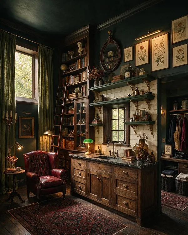 A dramatic laundry room with deep green walls, dark wood cabinetry, and a marble countertop centered beneath a mirror and botanical prints. Shelves, bookshelves, vintage decor, a burgundy leather chair, and warm brass lighting create a moody Dark Academia atmosphere.