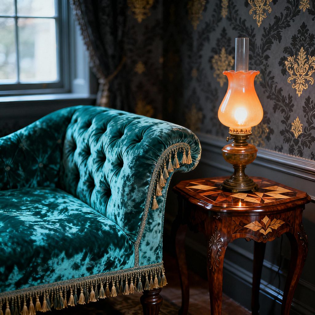 A Victorian-style living room vignette featuring an emerald green, button-tufted velvet chaise with gold tassel fringe and carved wooden legs. Beside it sits a polished marquetry side table holding an antique brass oil lamp with an amber glass shade and clear chimney, set against charcoal damask wallpaper with gold motifs, deep gray wainscoting, and a curtained window admitting soft daylight.