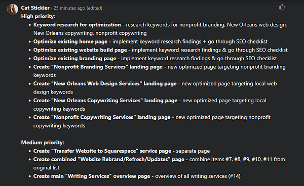 A detailed task list for a website overhaul project focused on SEO and content creation.