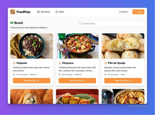 The image displays a FoodMap interface showcasing Brazilian dishes.