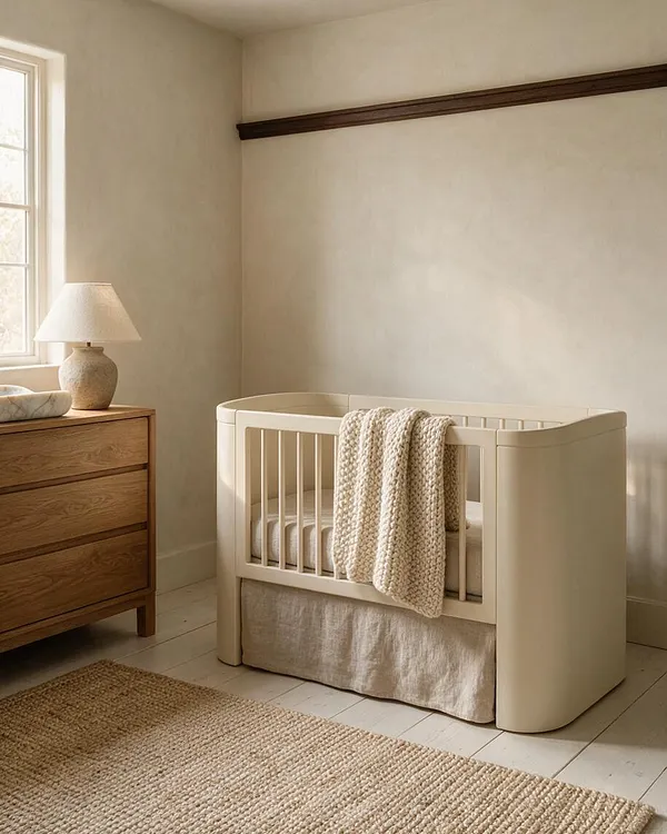 A calm nursery with a cream crib draped with a chunky knit blanket, a warm wood dresser with a stone-textured lamp, and a woven jute rug on pale painted floors. Soft beige walls and simple trim create a quiet, organic modern atmosphere.