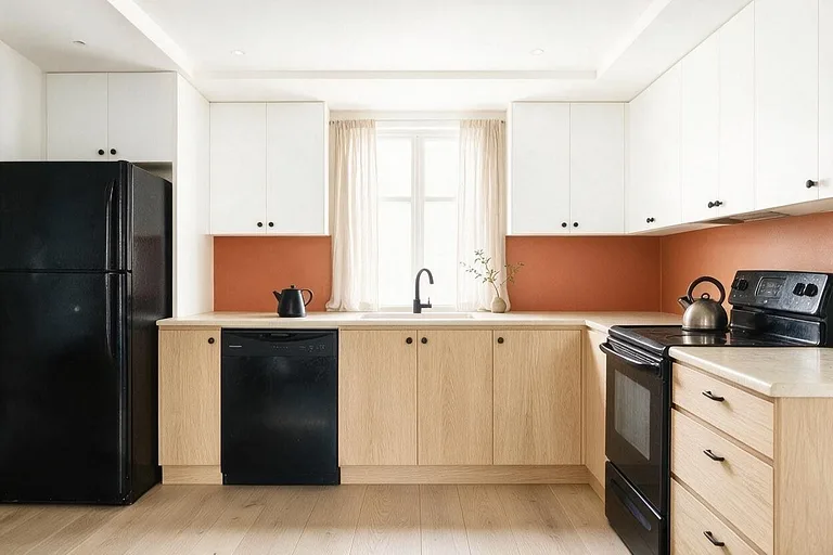 A Minimalist kitchen in the Terracotta Kitchen palette: white, terracotta, light oak, cream stone, and matte black