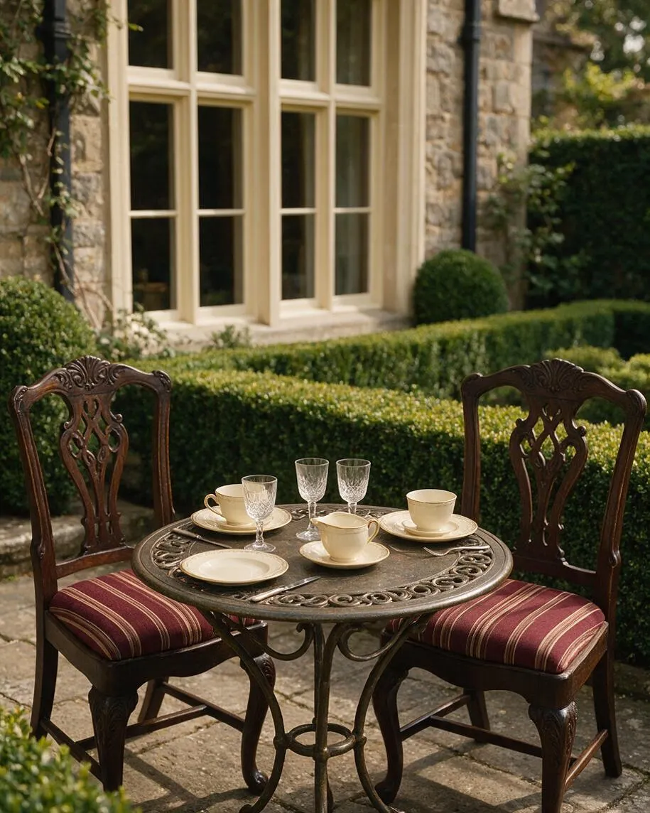 A traditional outdoor patio dining setting with two carved dark wood chairs upholstered in striped burgundy fabric around a small round metal table. Cream teacups and saucers are arranged on the table, with a stone façade, tall cream-trimmed windows, and neatly clipped hedges in the background.