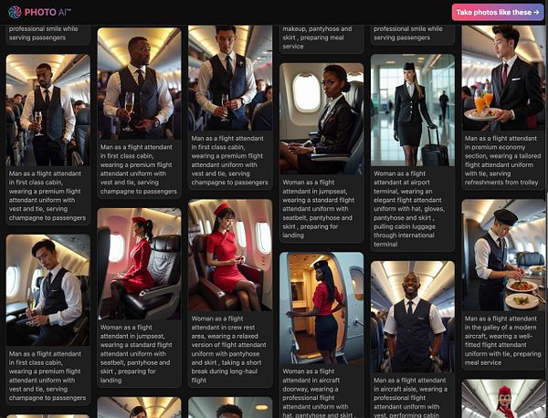 A collection of images featuring flight attendants in various settings and uniforms.