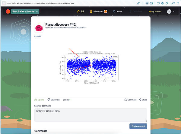 The image displays a user interface for a planet discovery task within the Star Sailors application, featuring a graph and user interaction elements.