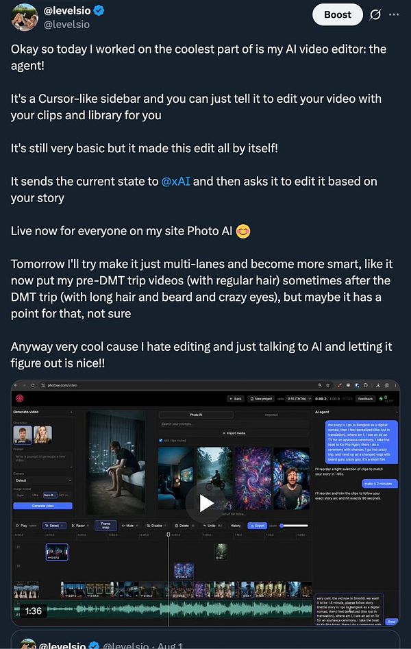 Screenshot of a Twitter post featuring a promotion for the new version of a video editor called PhotoAI.