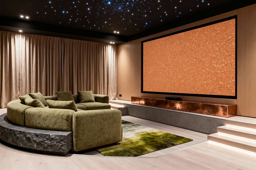 A contemporary media room features a black ceiling with fiber-optic star lights, light wood wall paneling, and an oversized wall screen framed in black above a floating burnished-copper console. At center, a circular moss-green sectional sits on a dark split-stone ring over a gradient green rug, facing LED-lit steps, pale wood floors, and full-height taupe curtains that soften acoustics and block daylight.