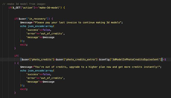 The image displays a code snippet related to managing user credits for a 3D modeling service.