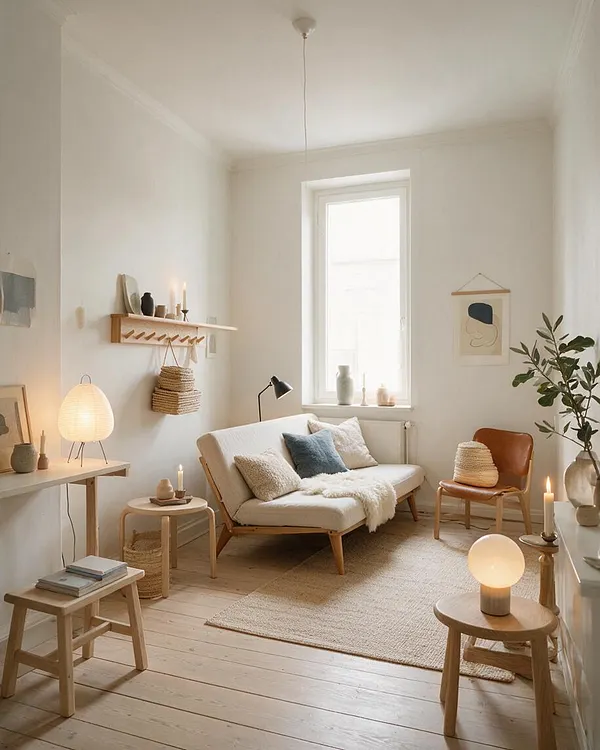 A bright Scandinavian-style guest bedroom with white walls, pale wood floors, and a low cream sofa styled with neutral and blue cushions. The room includes small wooden stools and side tables, a woven rug, simple wall shelving, candles, a paper table lamp, and a leather accent chair near a window.