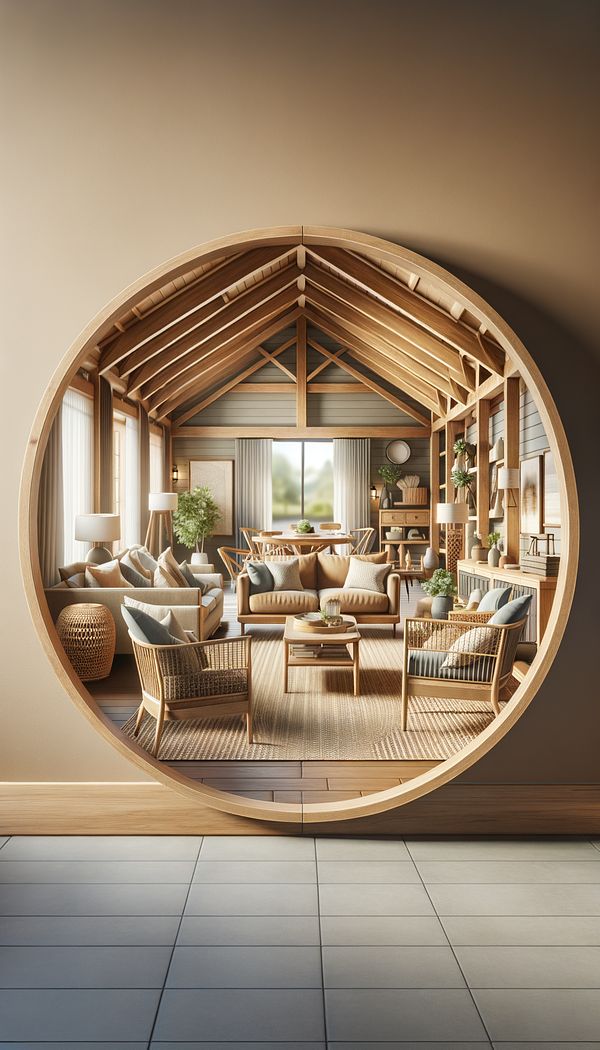 An interior of a Bungalow Style home featuring an open floor plan, natural wood details, and cozy, earth-toned furnishings.