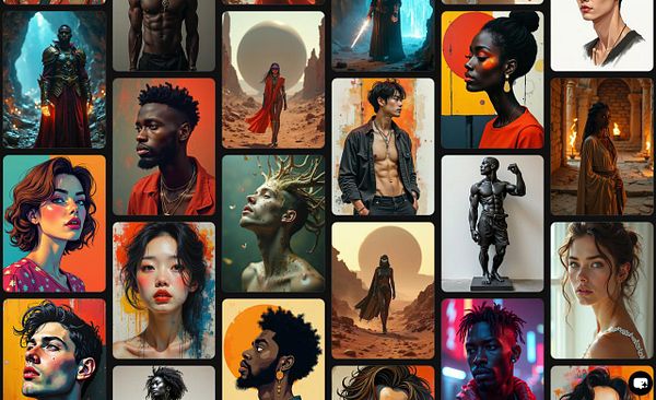 A collage of diverse AI-generated portraits and figures showcasing various artistic styles and themes.