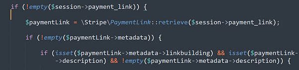 The image displays a snippet of PHP code related to fetching metadata from a payment link using the Stripe API.