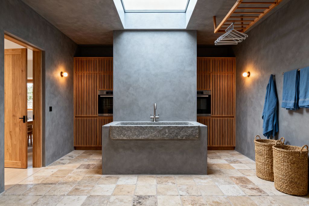 A Scandinavian-style laundry room features smooth gray microcement walls and a large honed granite utility sink on a matching plinth beneath a skylight. Slatted oak cabinetry flanks a central column and houses two integrated black-glass appliances. The floor is tumbled limestone in warm beige tones. Brass sconces, a ceiling-mounted wooden drying rack with white hangers, blue towels on a rail, and two woven baskets complete the calm, functional space.