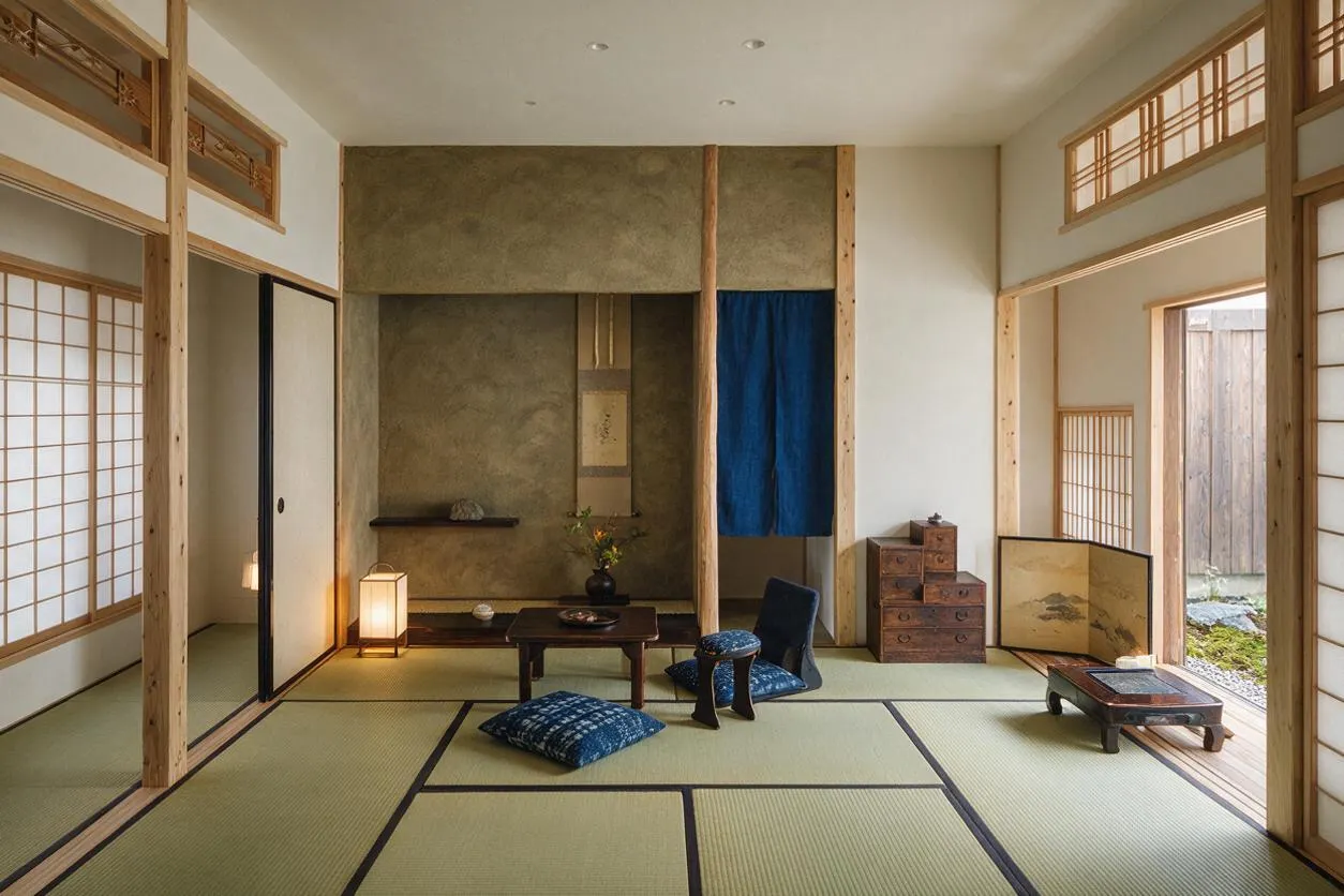 A serene Japanese Zen-style front porch or entry room with tatami mat flooring, exposed light wood posts, shoji sliding screens, and an alcove with a hanging scroll. Low seating, blue cushions, a lantern, and simple wood furnishings create a calm, minimalist atmosphere with natural light.