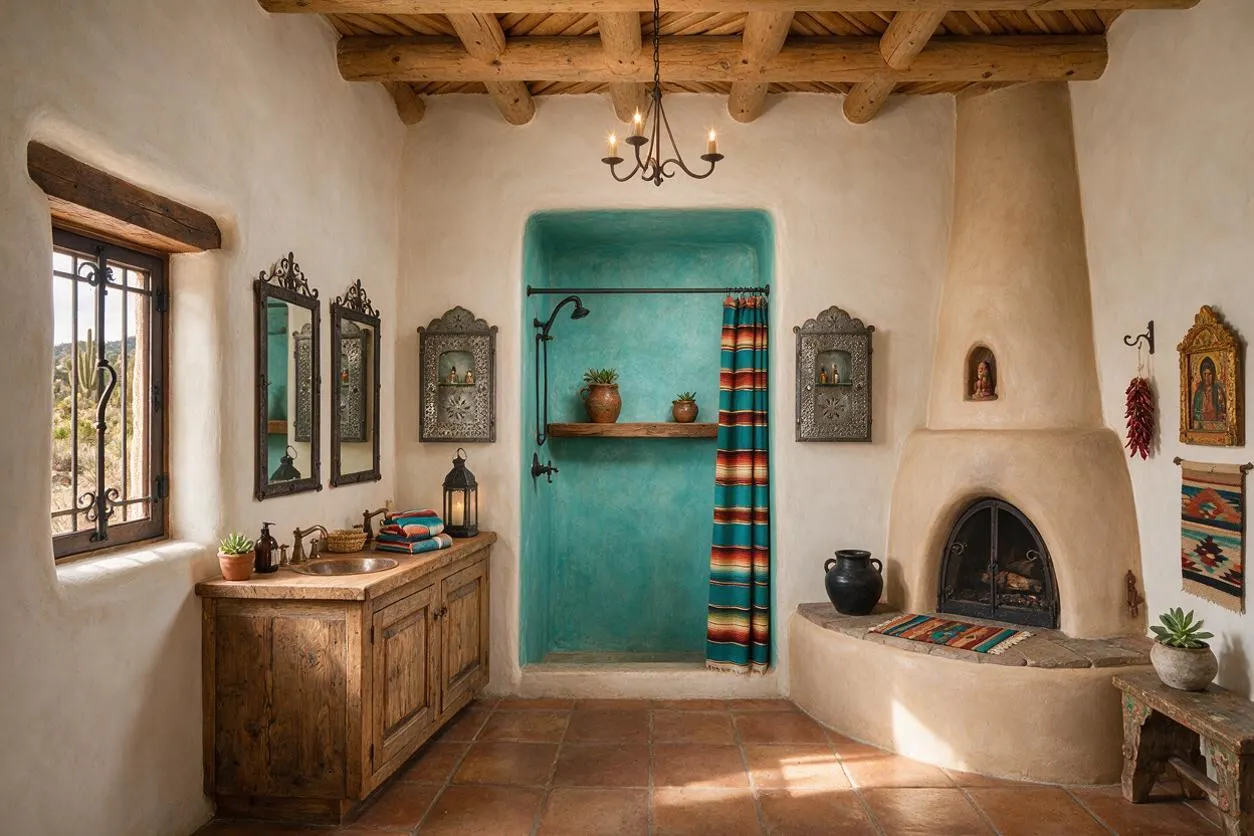 A Southwestern-style master bathroom with white plaster walls, a rustic wood vanity, wrought-iron mirrors, exposed wood ceiling beams, and terracotta tile floors. A turquoise tiled shower niche and a rounded kiva-style fireplace with a curved plaster bench add warmth and color.