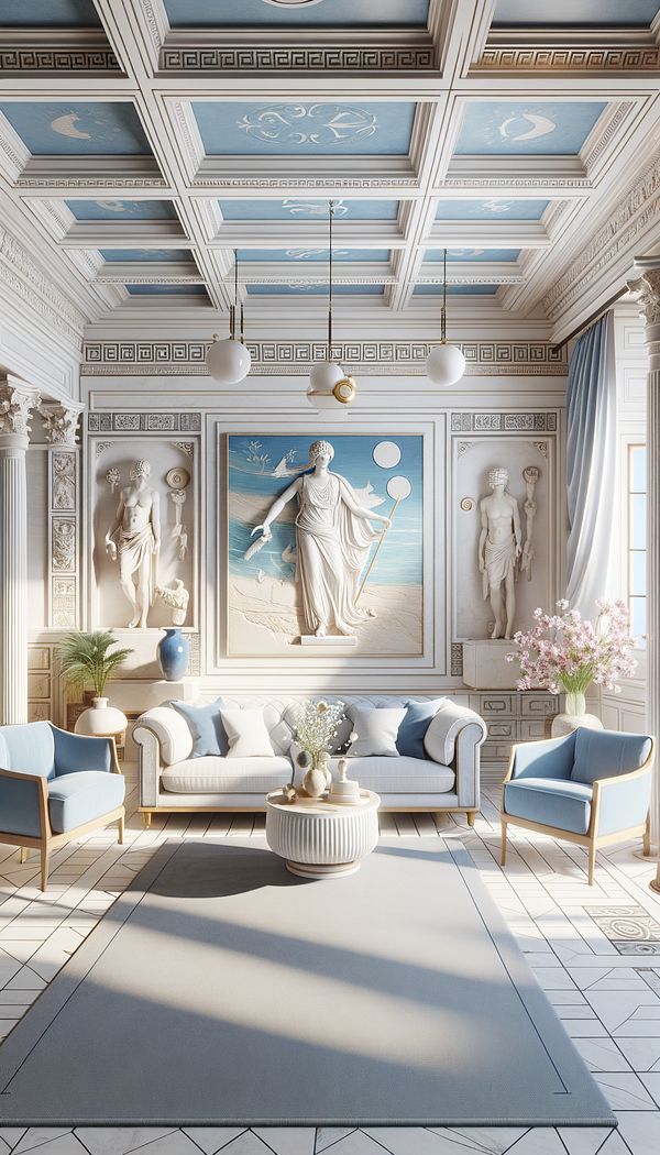 An interior depicting Greek Style with white walls, blue accents, simple yet elegant furniture, and ancient Greek sculptures as decorative elements.