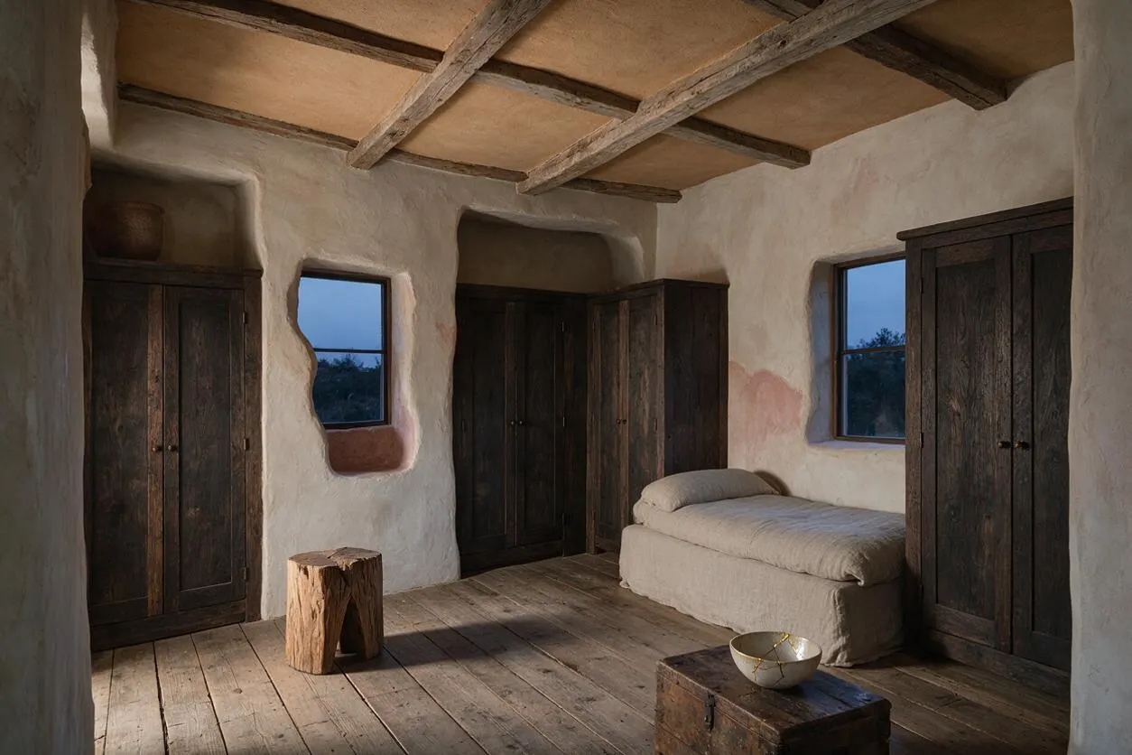 A rustic closet or dressing room with rough plaster walls, exposed wood ceiling beams, and dark weathered wooden wardrobes lining the walls. A simple upholstered bench, a carved wooden stool, and a low wooden chest sit on worn plank flooring beside small windows that bring in cool natural light.