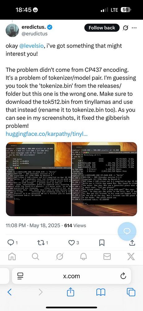 A Twitter post discussing a technical issue with a Llama LLM running on DOS, featuring screenshots of command line outputs.