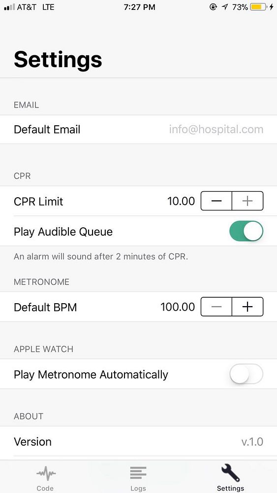 The image shows a settings tab screen from a mobile application with various customizable options for CPR and metronome settings.