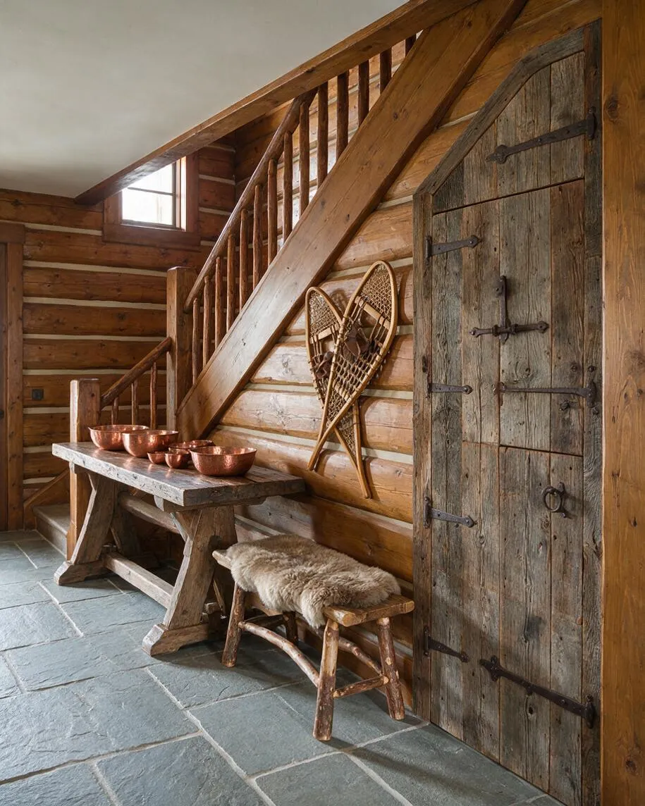 A rustic entryway with log cabin walls, a steep wooden staircase, and a weathered plank door with dark iron hardware. A rough-hewn console table holds copper bowls, and a small bench with a fur cushion sits beside it, all on gray stone tile flooring.