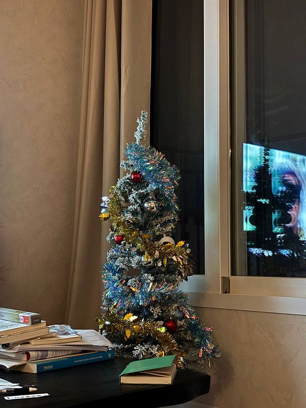 A small, decorated Christmas tree is placed next to a cluttered table in a cozy indoor setting.