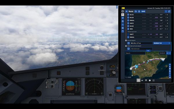 Map of a flight route from Lisbon, Portugal to Barcelona, Spain over the western Mediterranean Sea.