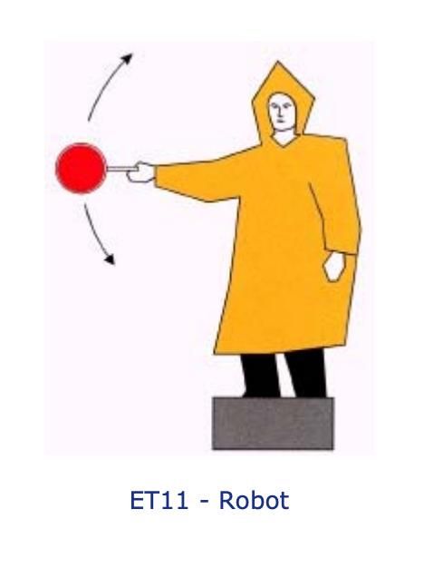 The image depicts a figure in a yellow raincoat signaling with a red disc.