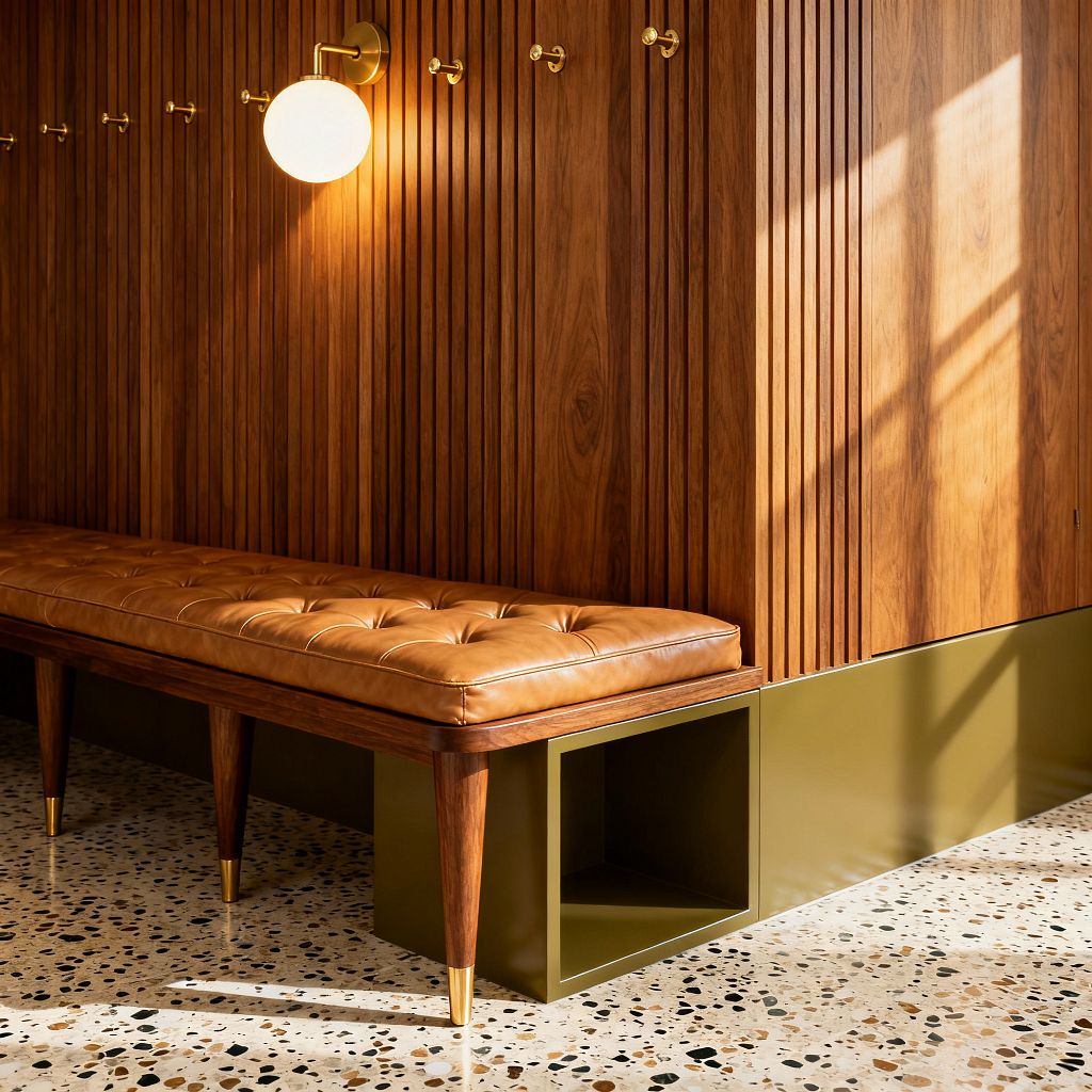 A Mid-Century Modern mudroom with vertical walnut slat wall paneling and a row of small brass coat hooks. A brass sconce with an opal globe sits above a long bench topped with a tufted camel leather cushion. The bench has tapered walnut legs with brass caps and rests on a matte olive plinth that forms an open cubby. Sunlight casts shadows across the warm wood and a speckled cream terrazzo floor with black and brown chips.