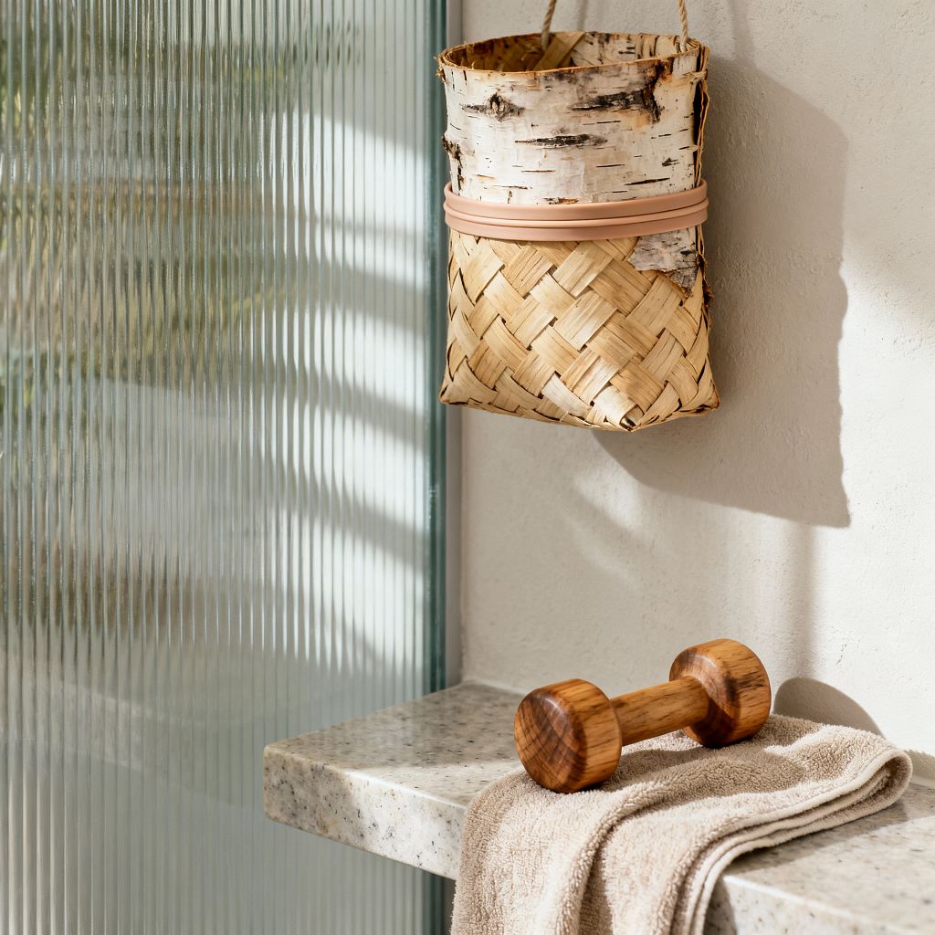 A Scandinavian-style home gym vignette shows a light gray terrazzo floating shelf against warm off‑white plaster, illuminated by sunlight filtered through a vertical reeded glass screen. A honey‑toned wooden dumbbell rests on a sand‑beige cotton towel, while a small hanging basket woven from natural straw with birch‑bark detail provides storage, all in a calm, neutral palette.