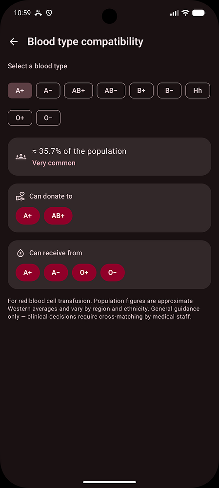 Mobile app screen displaying a "Blood Type Compatibility" page with a blood drop icon and detailed compatibility information for blood transfusions.