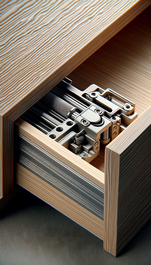 A close-up image of a wooden drawer partially open, revealing the Center Glide mechanism beneath it.