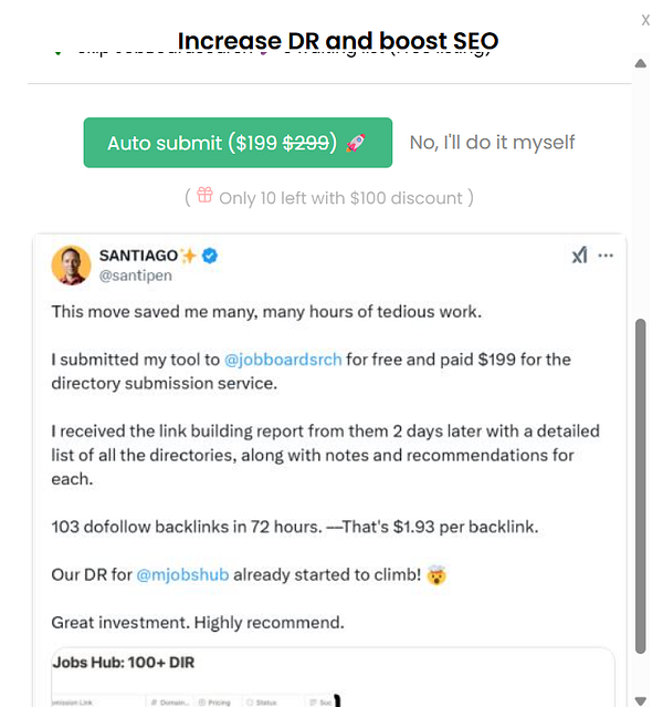 A promotional image featuring a testimonial tweet about a directory submission service for job boards.