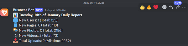 A daily report from a Discord bot detailing user and content statistics for an app.