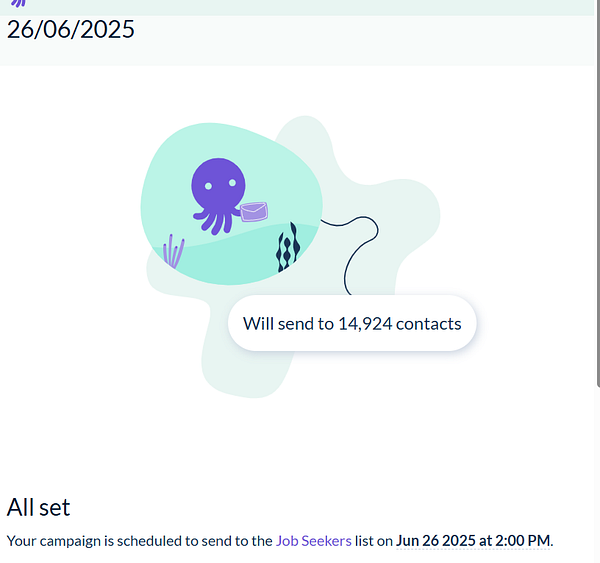 A scheduled newsletter campaign for job seekers is displayed with an illustration of an octopus.