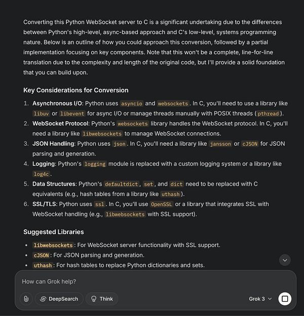 The image presents a detailed guide for converting a Python WebSocket server to C, highlighting key considerations and suggested libraries.