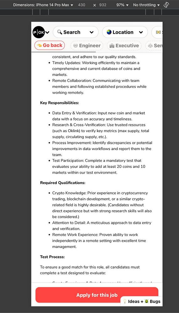 The image displays a job application interface with detailed responsibilities and qualifications for a cryptocurrency-related position.