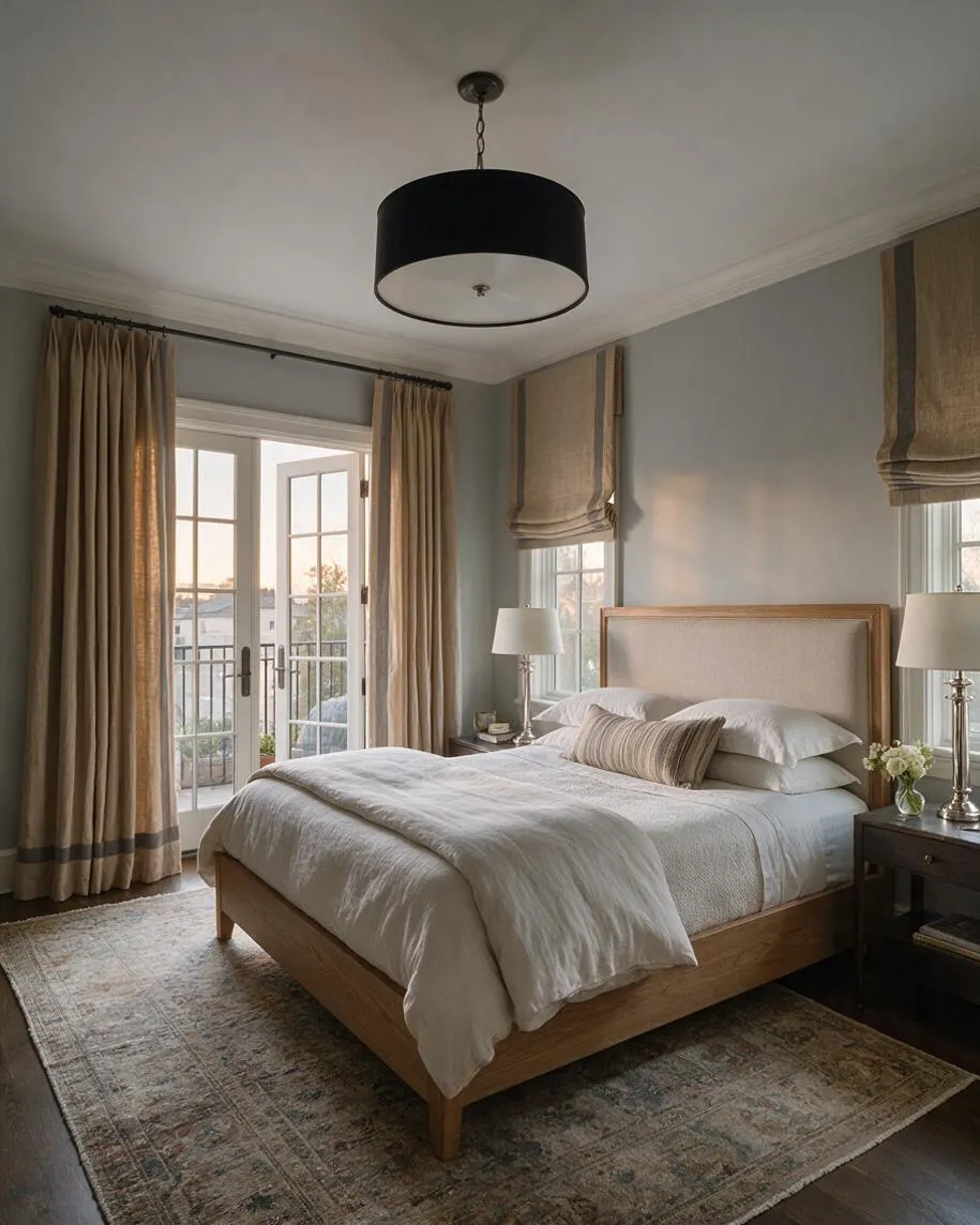 A transitional guest bedroom with a wood-framed upholstered bed centered between two windows, topped with white bedding and a striped lumbar pillow. Beige drapery frames French doors, and a black drum pendant hangs from the ceiling above a muted rug and dark wood nightstands with table lamps.